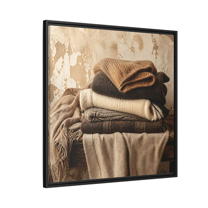 Side Mockup 9. Cozy Neutral Blanket Stack shown as framed canvas print