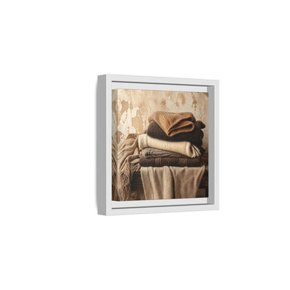 Side Mockup 1. Cozy Neutral Blanket Stack shown as framed canvas print