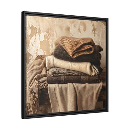 Side Mockup 31. Cozy Neutral Blanket Stack shown as framed canvas print