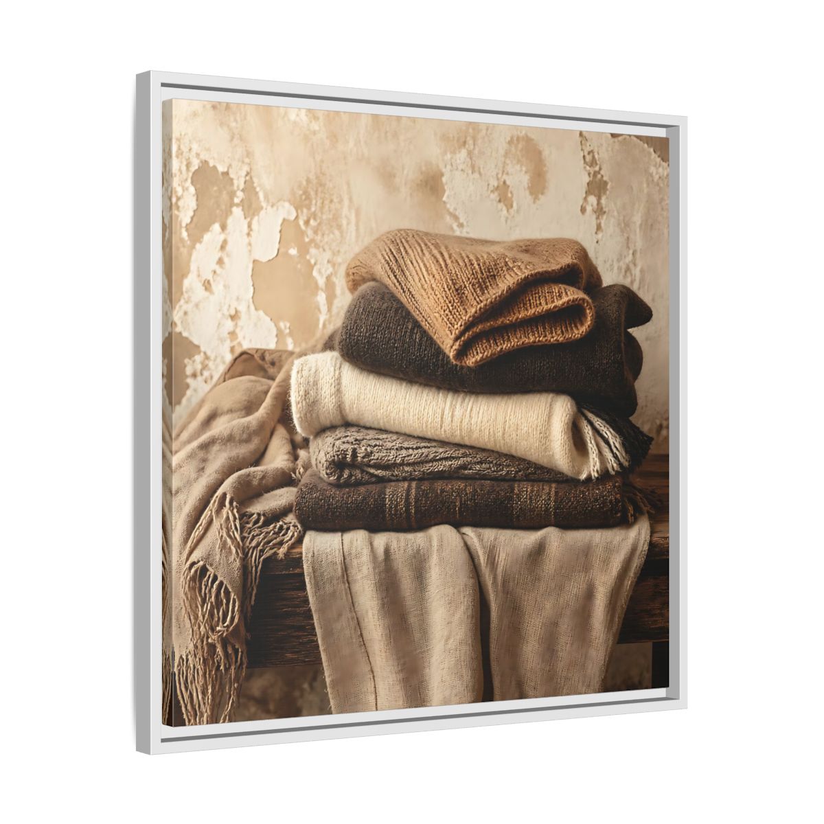 Side Mockup 26. Cozy Neutral Blanket Stack shown as framed canvas print