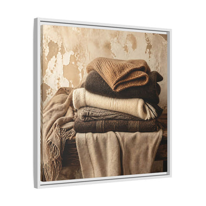 Side Mockup 26. Cozy Neutral Blanket Stack shown as framed canvas print