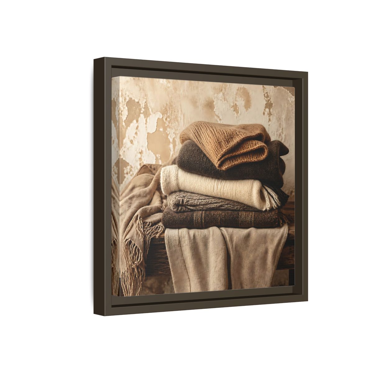Side Mockup 17. Cozy Neutral Blanket Stack shown as framed canvas print