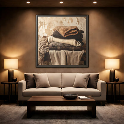 Mockup 2. Cozy Neutral Blanket Stack shown as framed canvas print