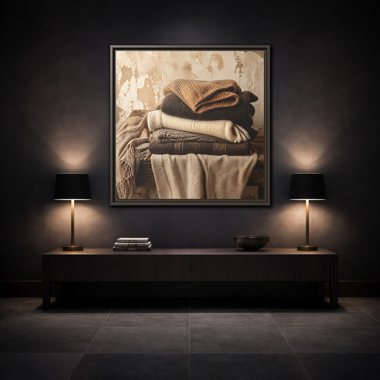 Mockup 3. Cozy Neutral Blanket Stack shown as framed canvas print