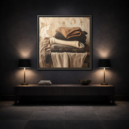 Mockup 3. Cozy Neutral Blanket Stack shown as framed canvas print