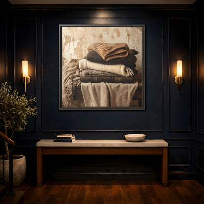 Mockup 4. Cozy Neutral Blanket Stack shown as framed canvas print