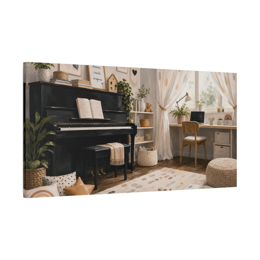 Main Mockup. Cozy Piano Playroom shown as canvas print
