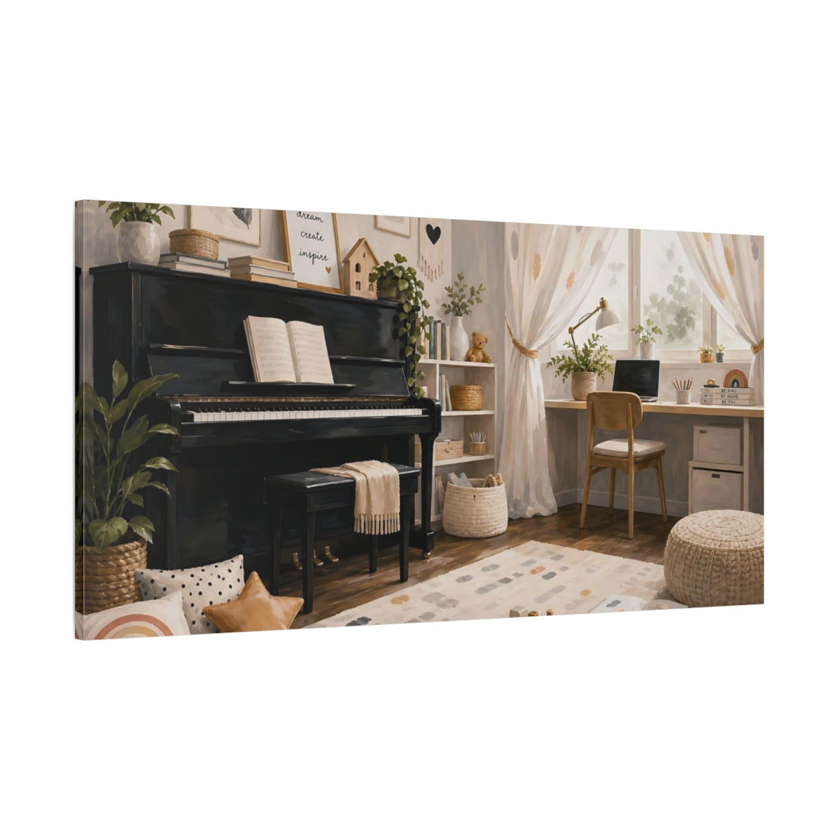 Side Mockup 2. Cozy Piano Playroom shown as canvas print