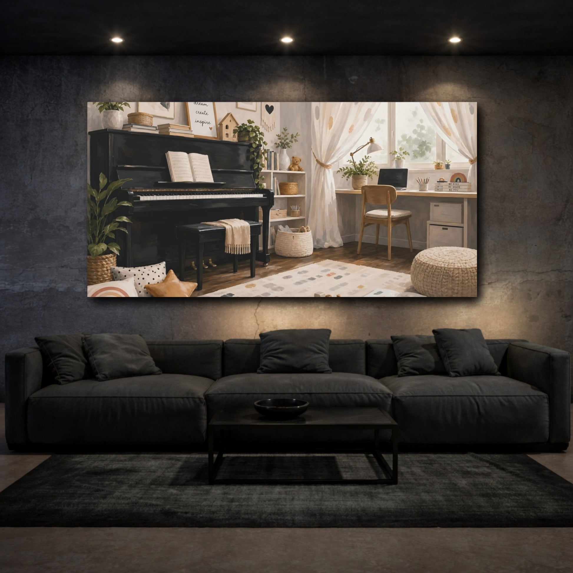 Mockup 3. Cozy Piano Playroom shown as canvas print