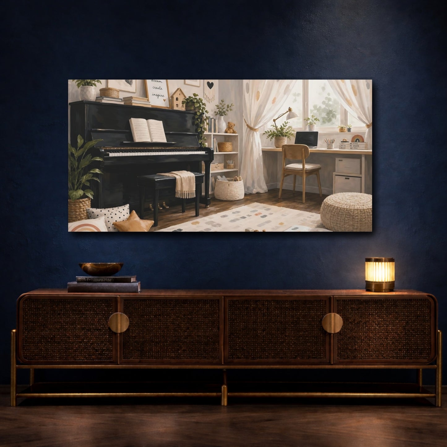 Mockup 4. Cozy Piano Playroom shown as canvas print
