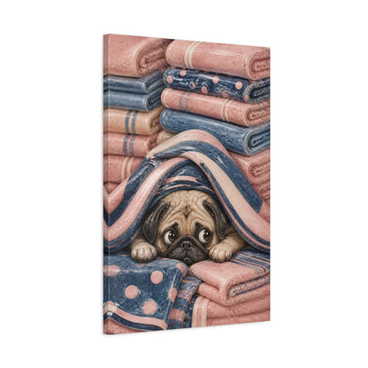 Side Mockup 2. Cozy Pug In Blankets shown as canvas print