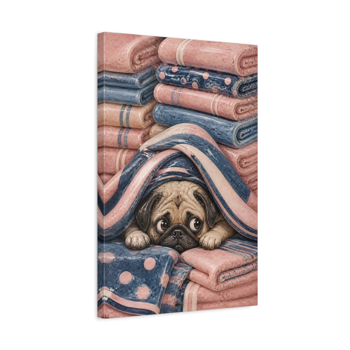 Side Mockup 3. Cozy Pug In Blankets shown as canvas print