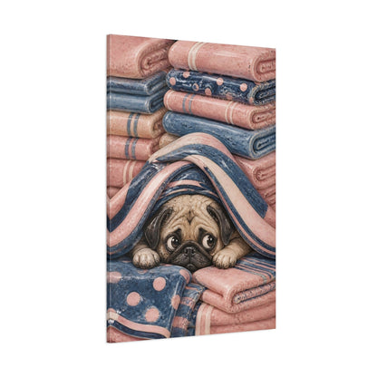 Side Mockup 1. Cozy Pug In Blankets shown as canvas print