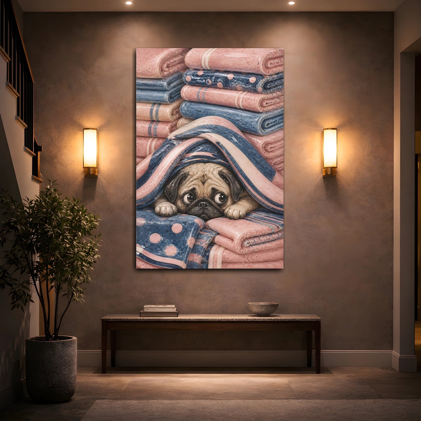 Mockup 2. Cozy Pug In Blankets shown as canvas print