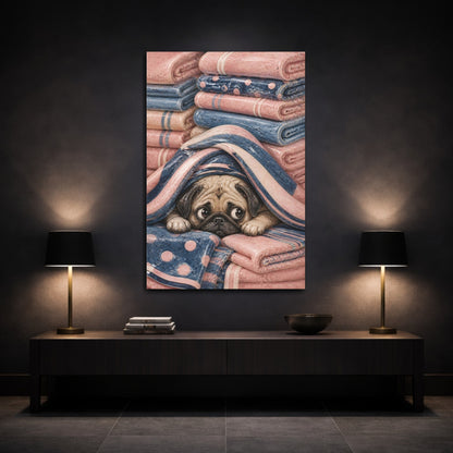 Mockup 3. Cozy Pug In Blankets shown as canvas print