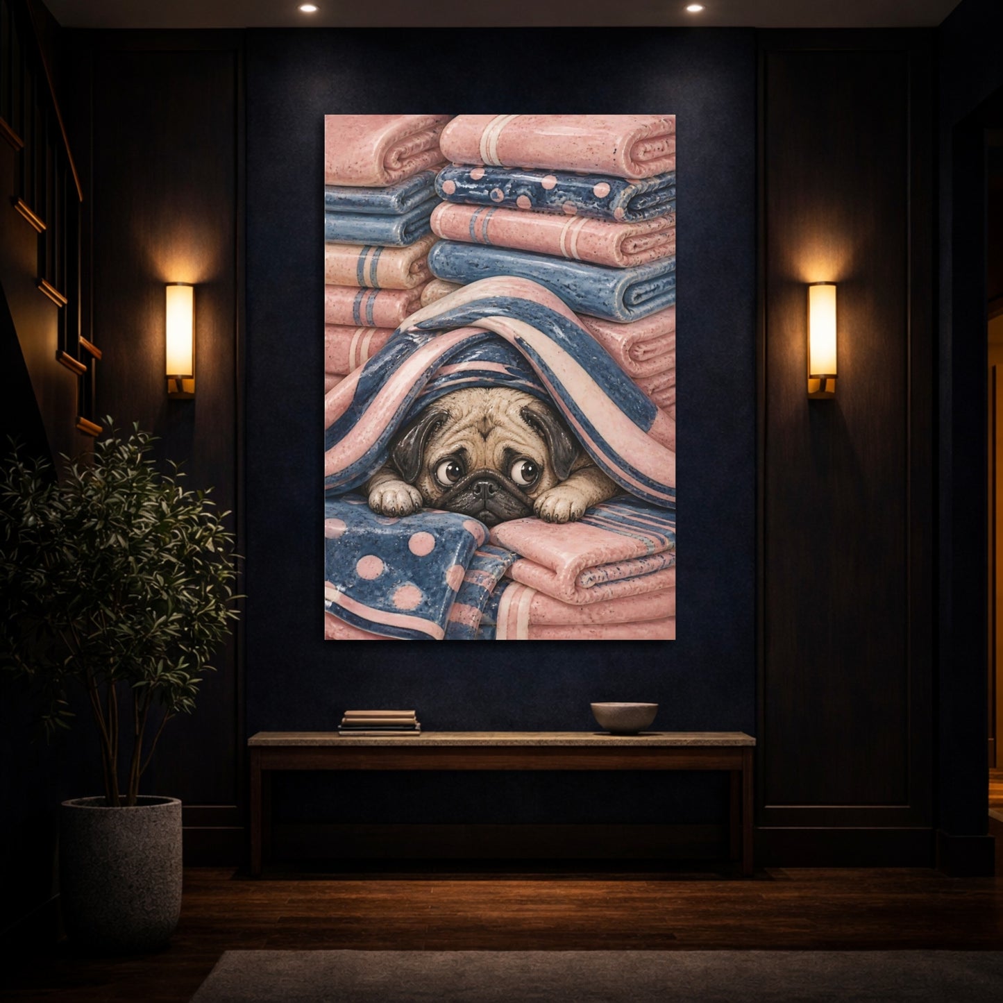 Mockup 4. Cozy Pug In Blankets shown as canvas print