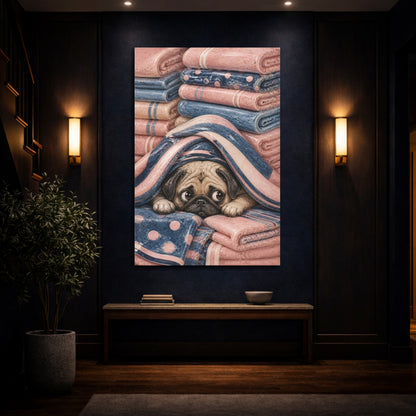 Mockup 4. Cozy Pug In Blankets shown as canvas print