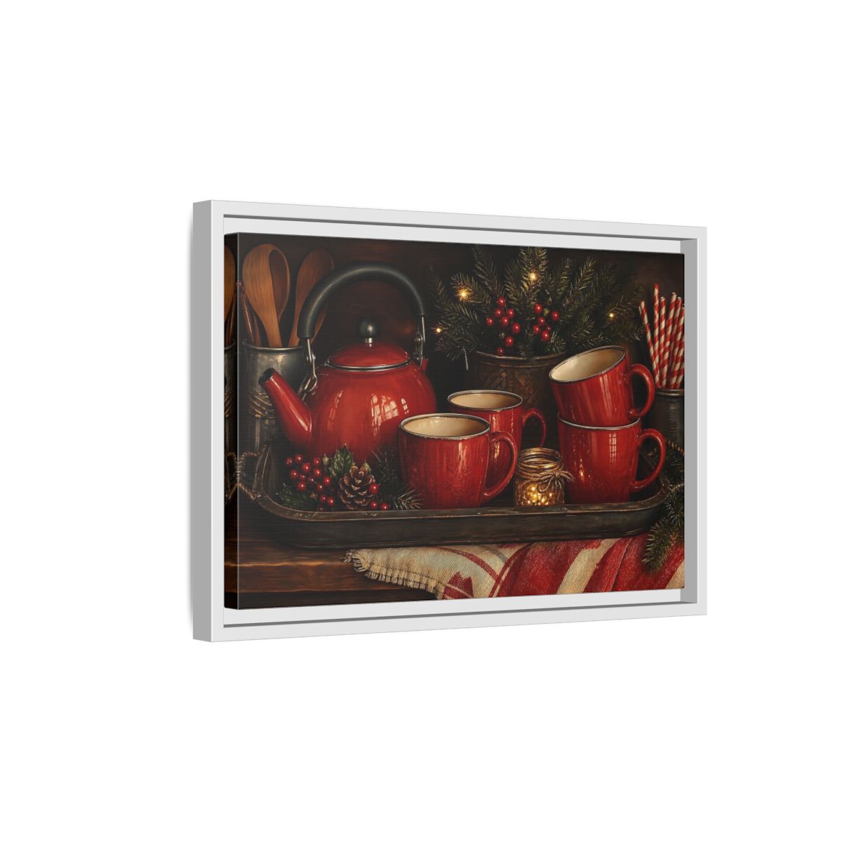 Side Mockup 4. Cozy Red Tea Set shown as framed canvas print