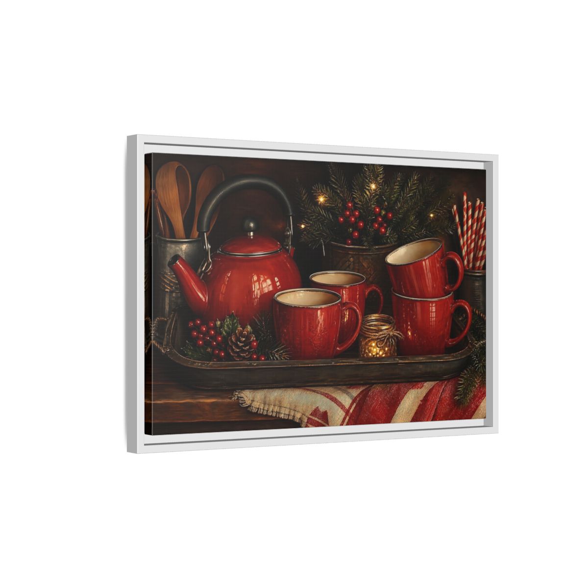 Side Mockup 1. Cozy Red Tea Set shown as framed canvas print