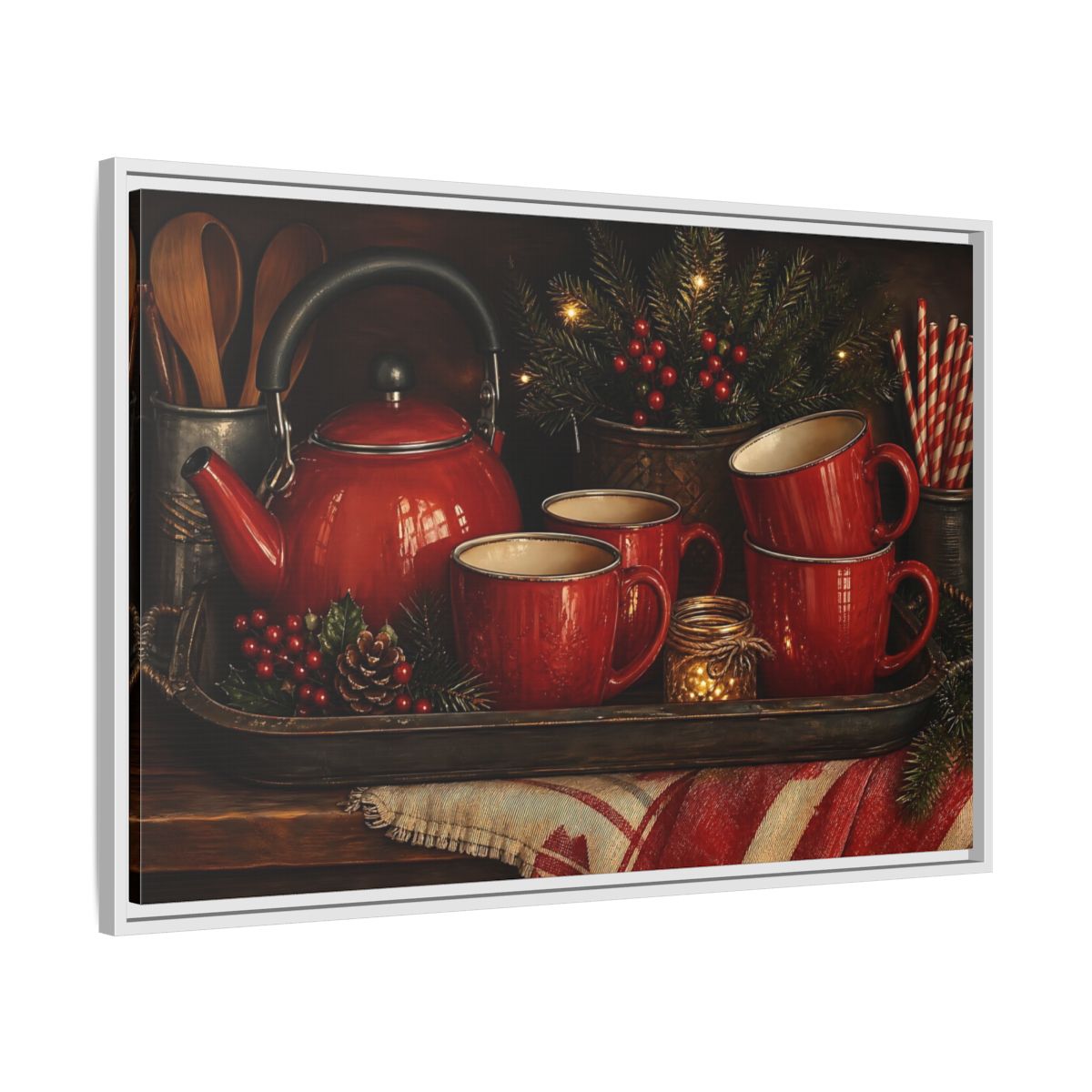 Side Mockup 9. Cozy Red Tea Set shown as framed canvas print