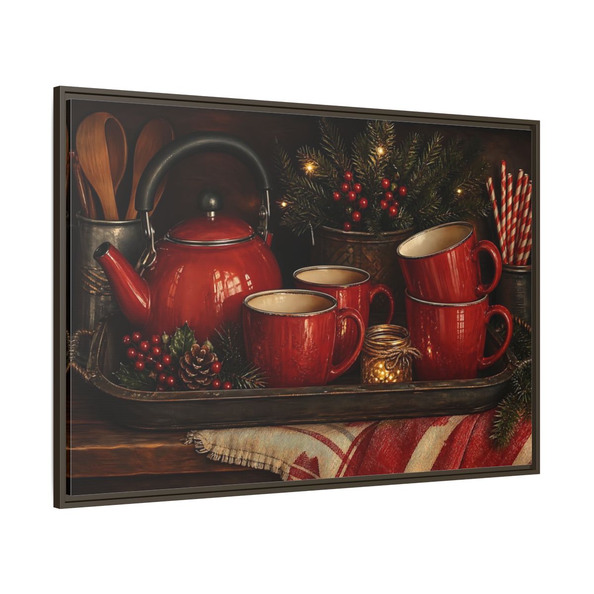 Side Mockup 8. Cozy Red Tea Set shown as framed canvas print