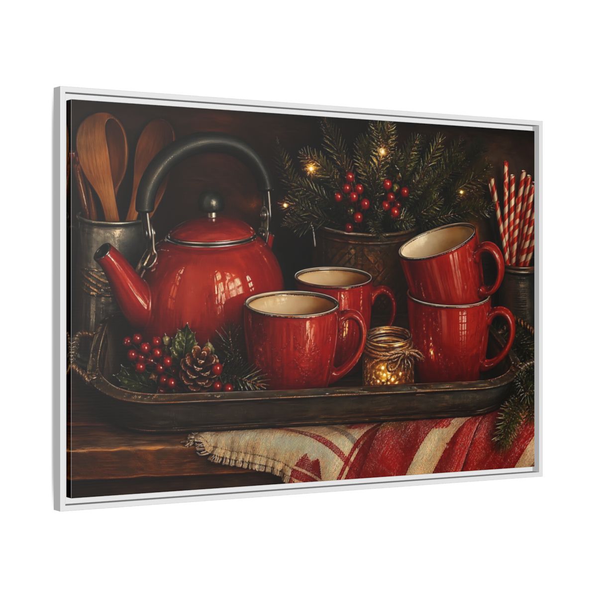 Side Mockup 7. Cozy Red Tea Set shown as framed canvas print