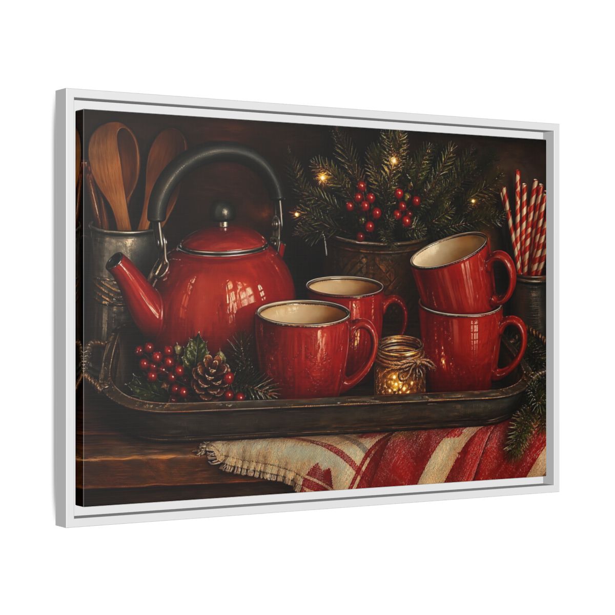 Side Mockup 10. Cozy Red Tea Set shown as framed canvas print