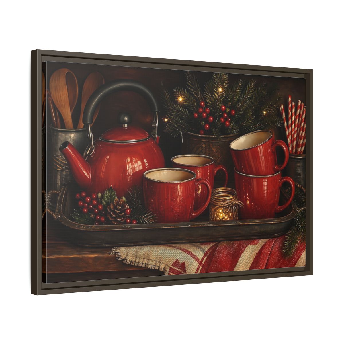 Side Mockup 11. Cozy Red Tea Set shown as framed canvas print