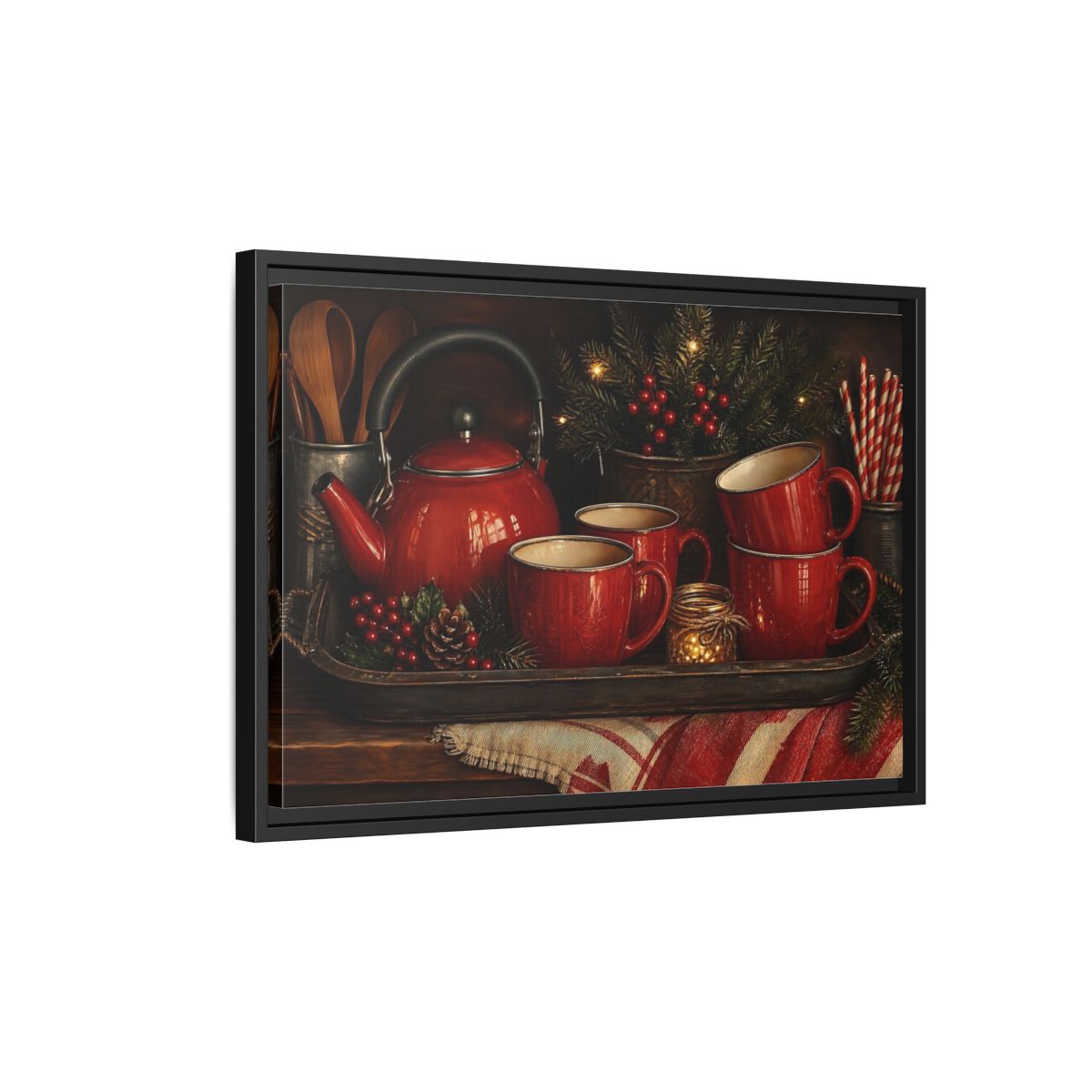 Side Mockup 3. Cozy Red Tea Set shown as framed canvas print