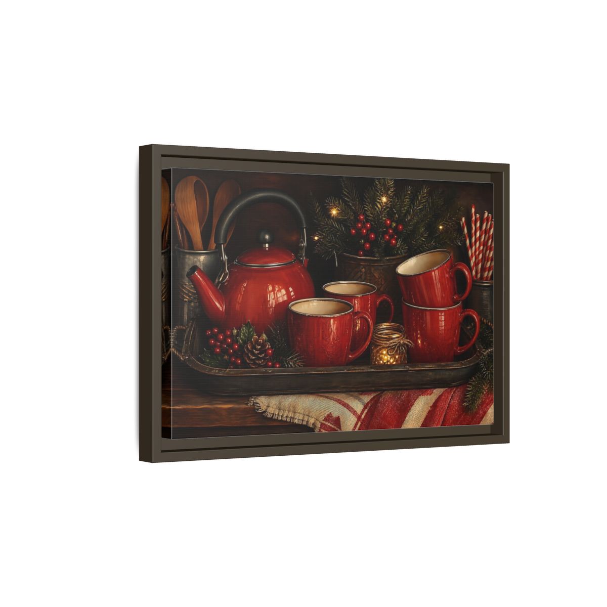 Side Mockup 5. Cozy Red Tea Set shown as framed canvas print