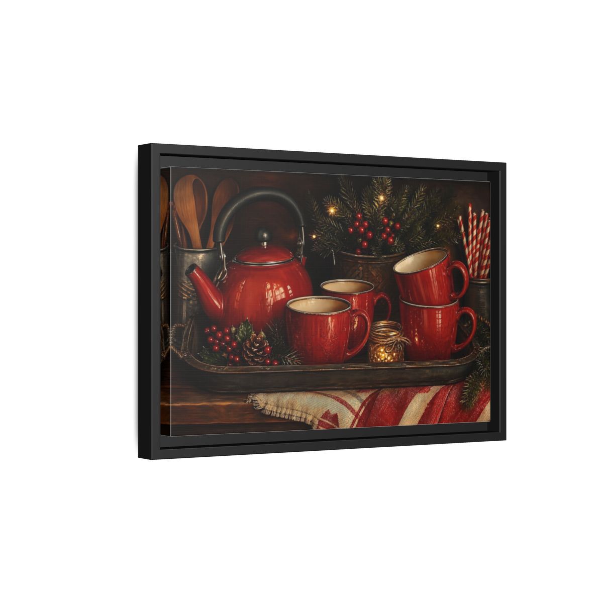 Side Mockup 6. Cozy Red Tea Set shown as framed canvas print