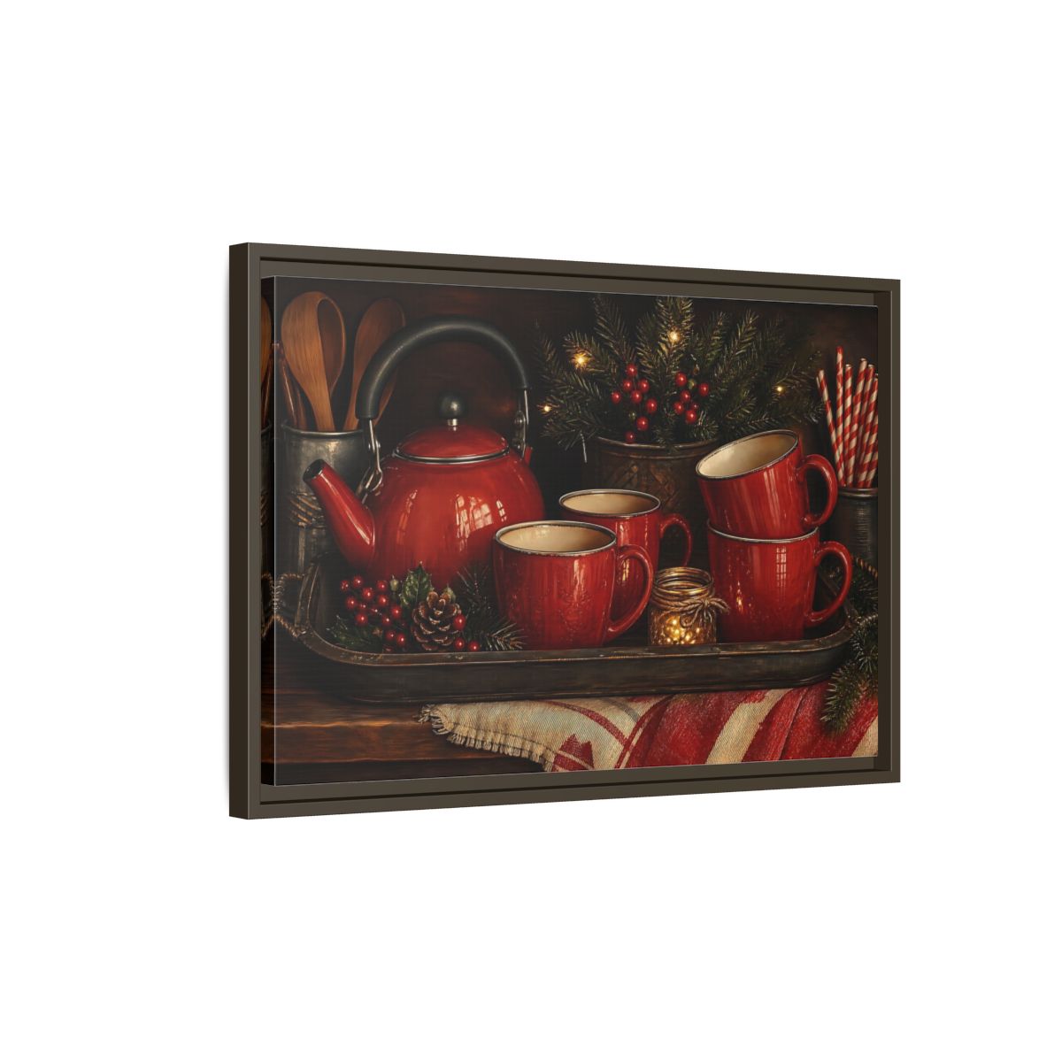 Side Mockup 2. Cozy Red Tea Set shown as framed canvas print
