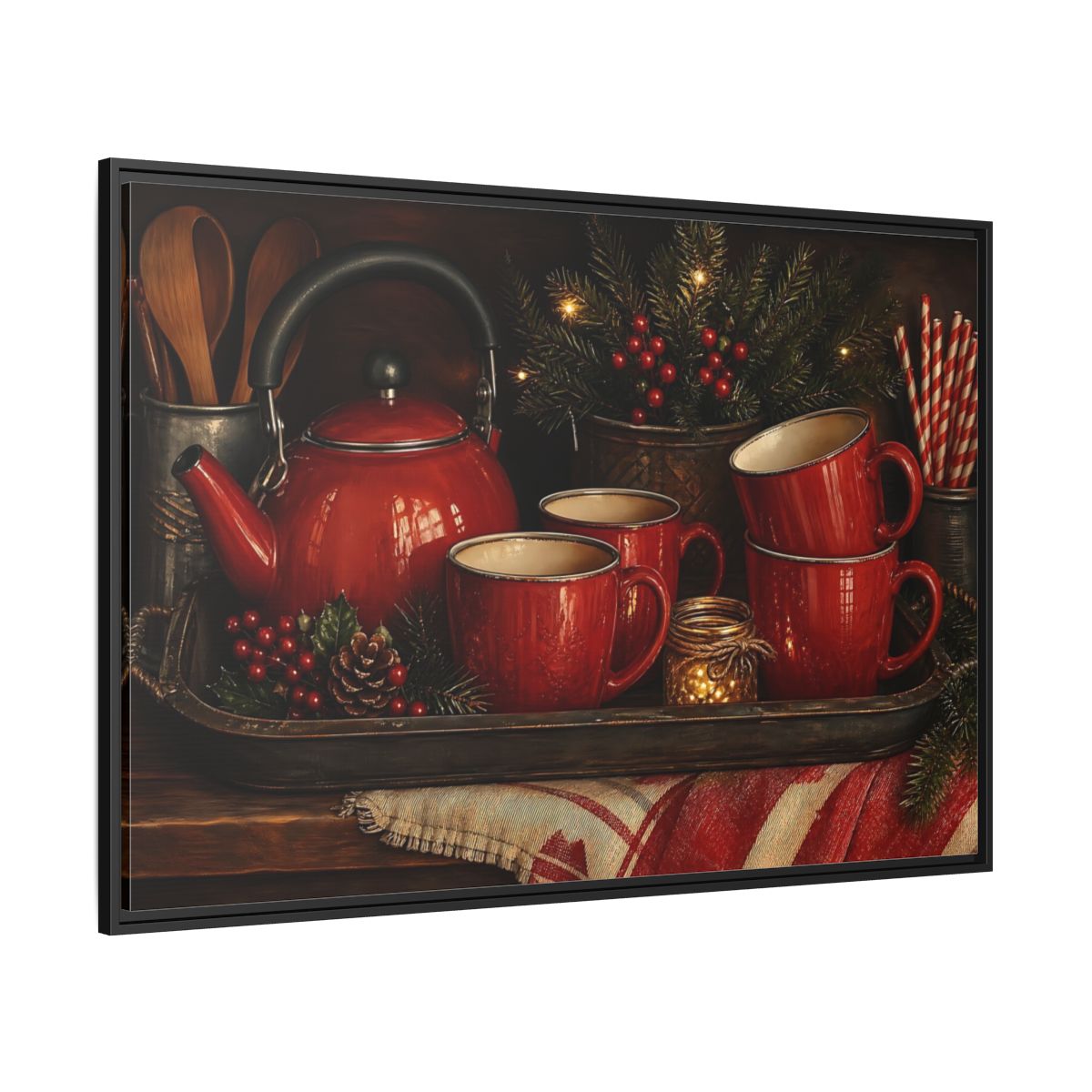 Side Mockup 12. Cozy Red Tea Set shown as framed canvas print