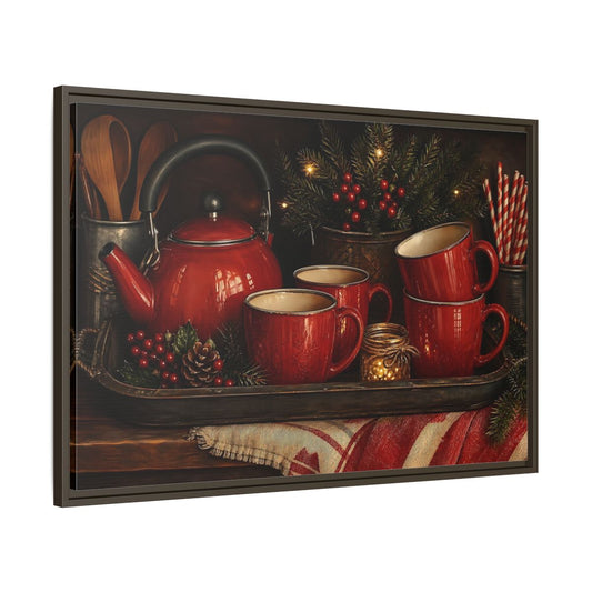 Main Mockup. Cozy Red Tea Set shown as framed canvas print