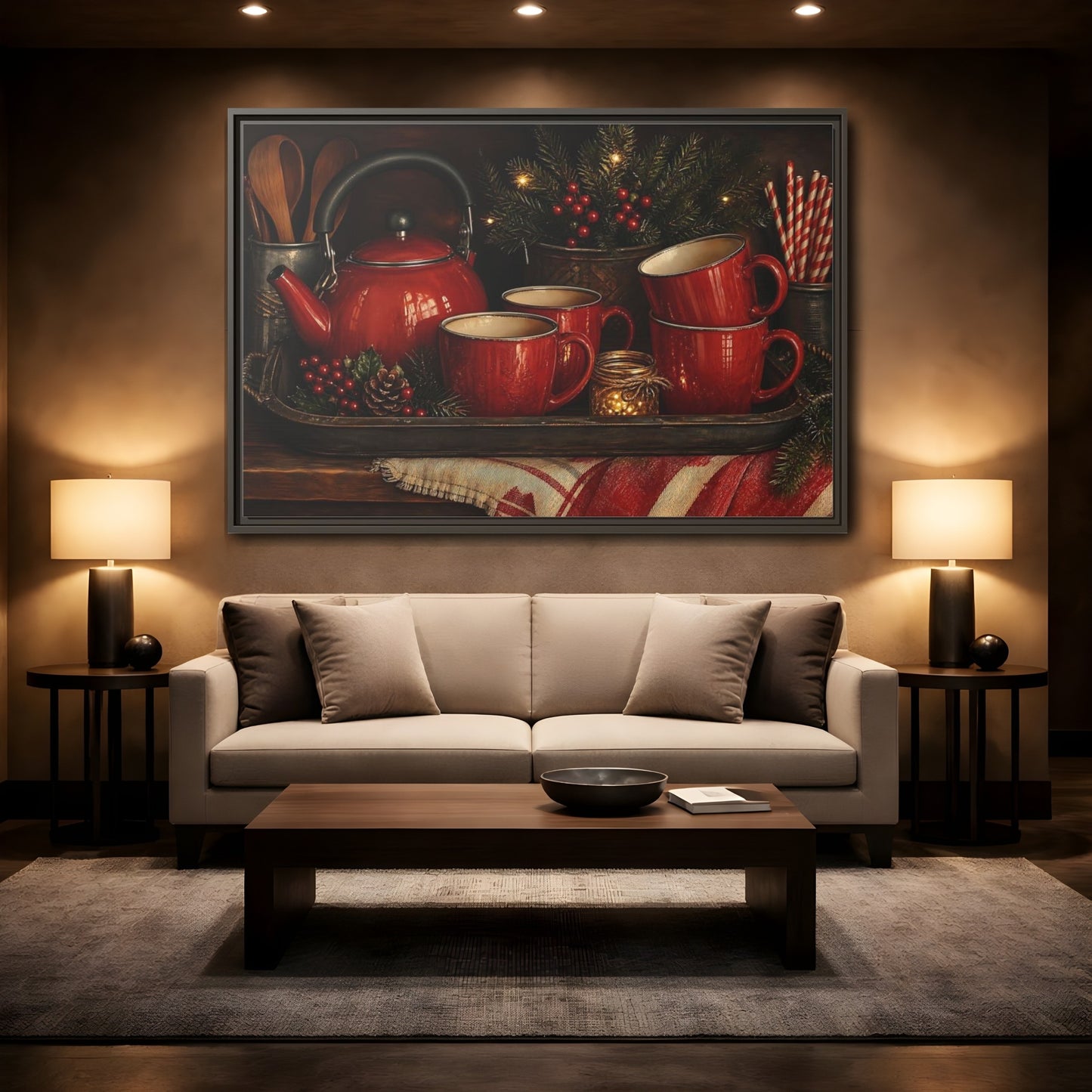 Mockup 2. Cozy Red Tea Set shown as framed canvas print