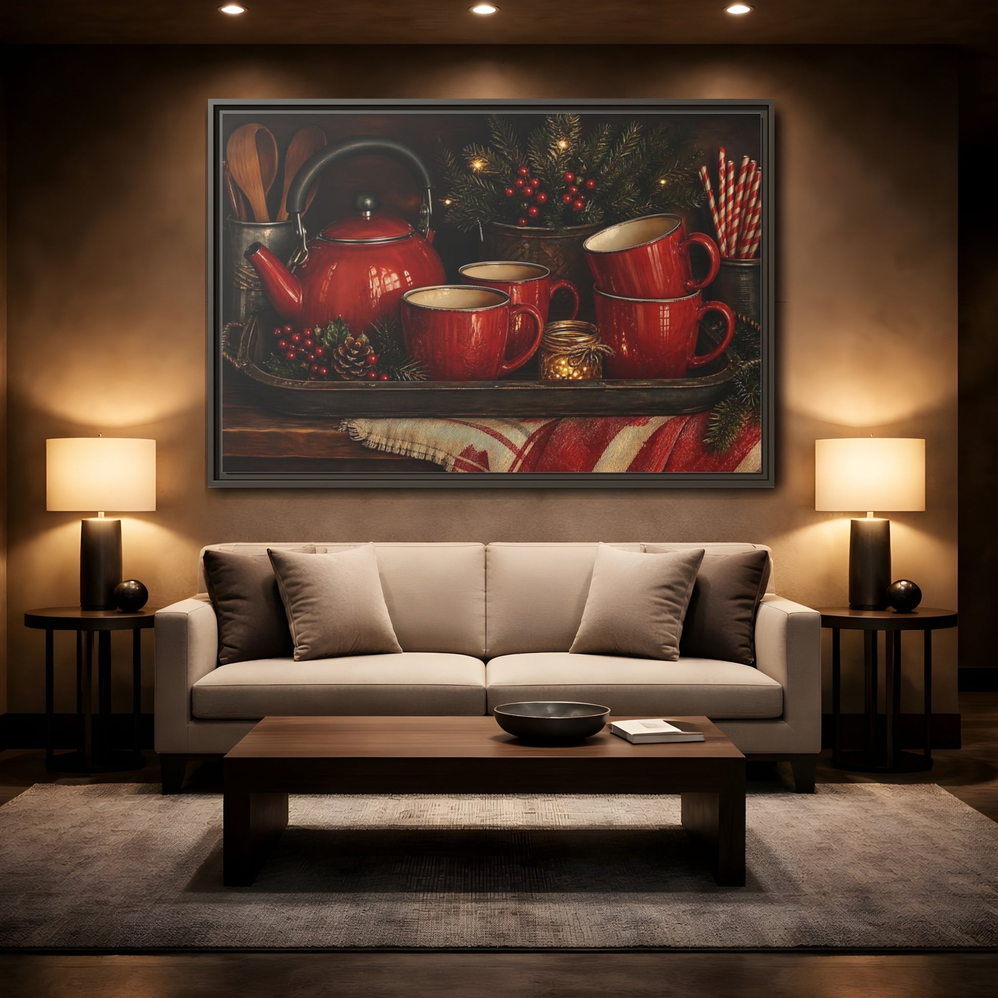 Mockup 2. Cozy Red Tea Set shown as framed canvas print