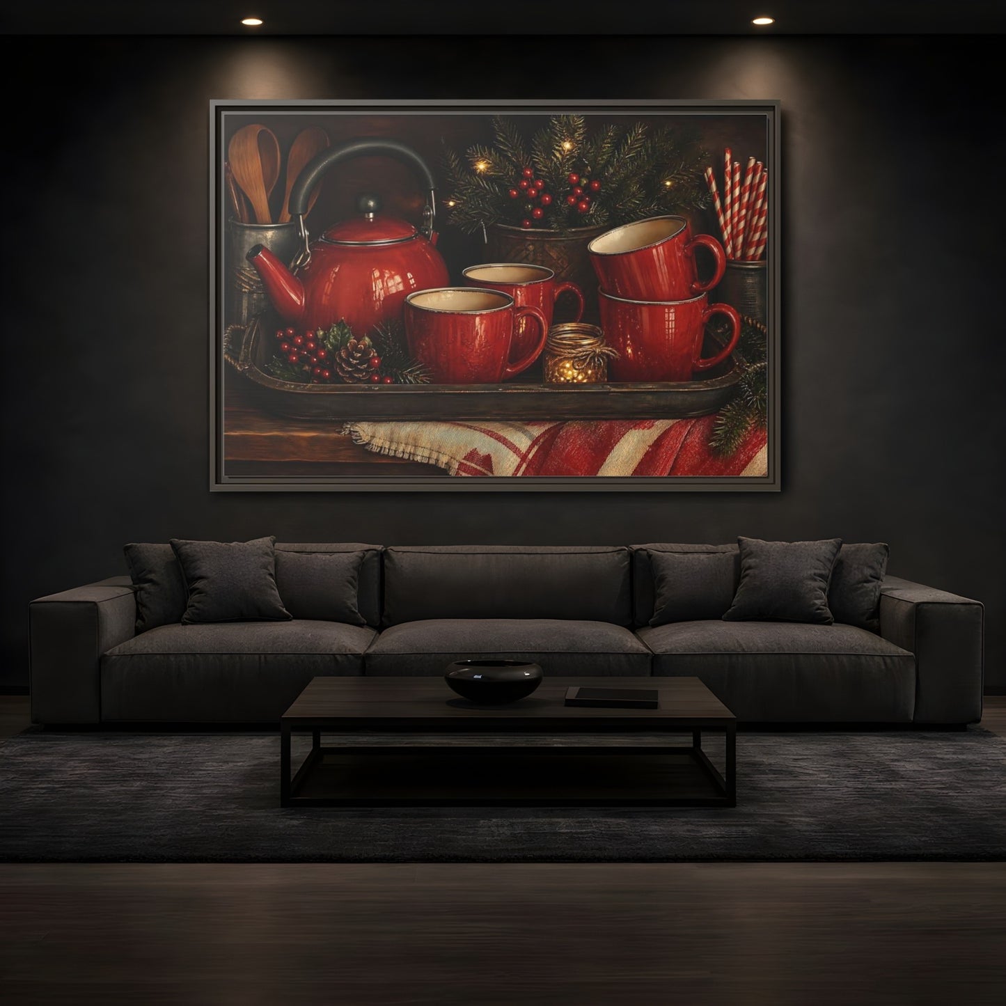 Mockup 3. Cozy Red Tea Set shown as framed canvas print