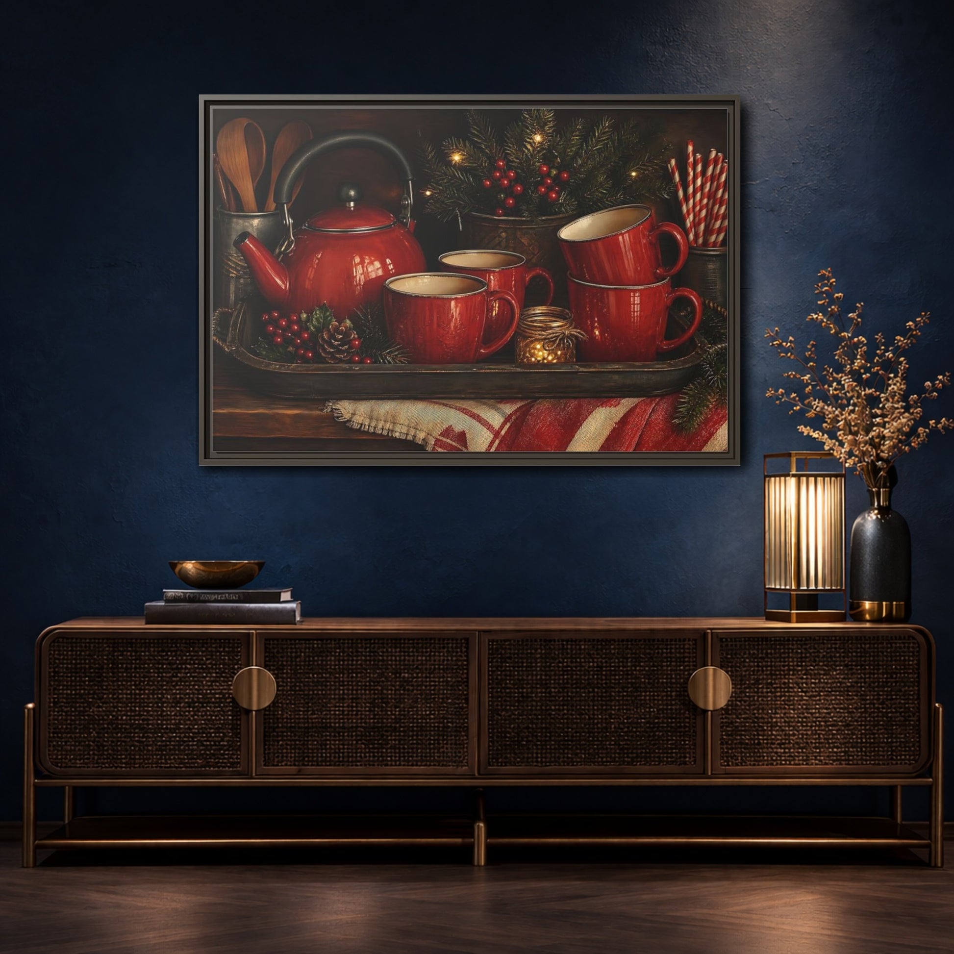 Mockup 4. Cozy Red Tea Set shown as framed canvas print