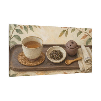 Side Mockup 1. Cozy Rustic Tea Tray shown as canvas print