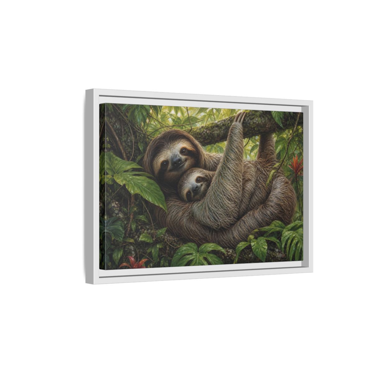 Side Mockup 4. Cozy Sloth Embrace shown as framed canvas print