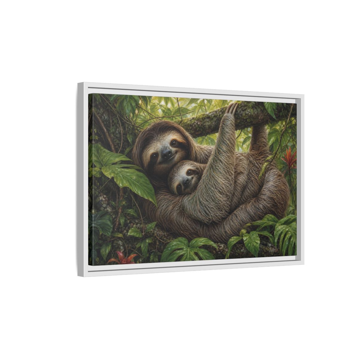 Side Mockup 1. Cozy Sloth Embrace shown as framed canvas print