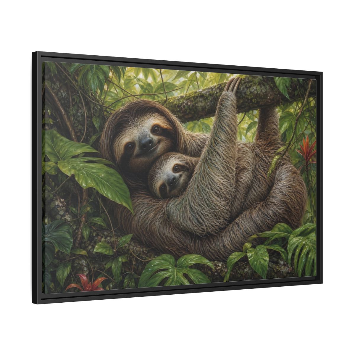 Side Mockup 13. Cozy Sloth Embrace shown as framed canvas print
