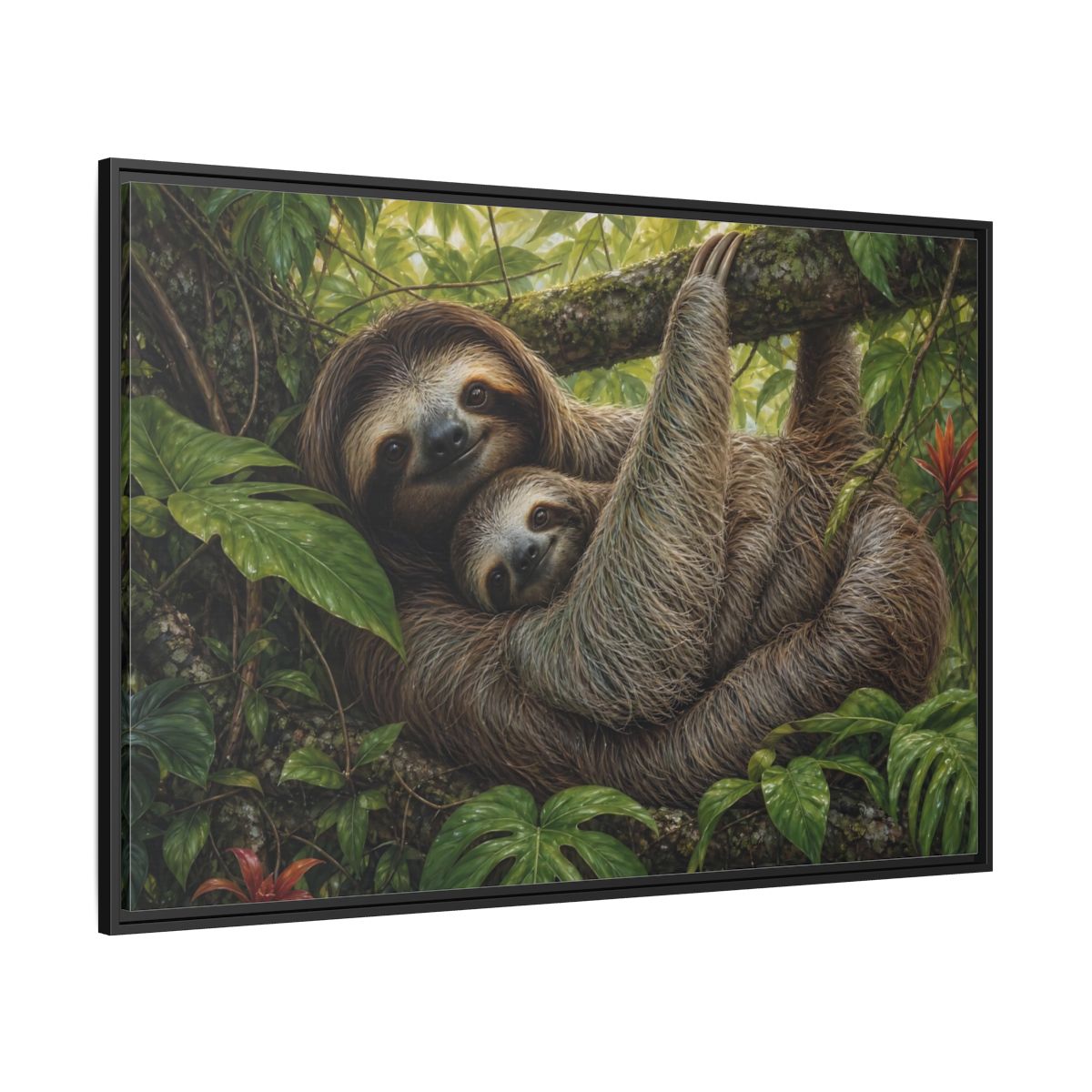 Side Mockup 12. Cozy Sloth Embrace shown as framed canvas print