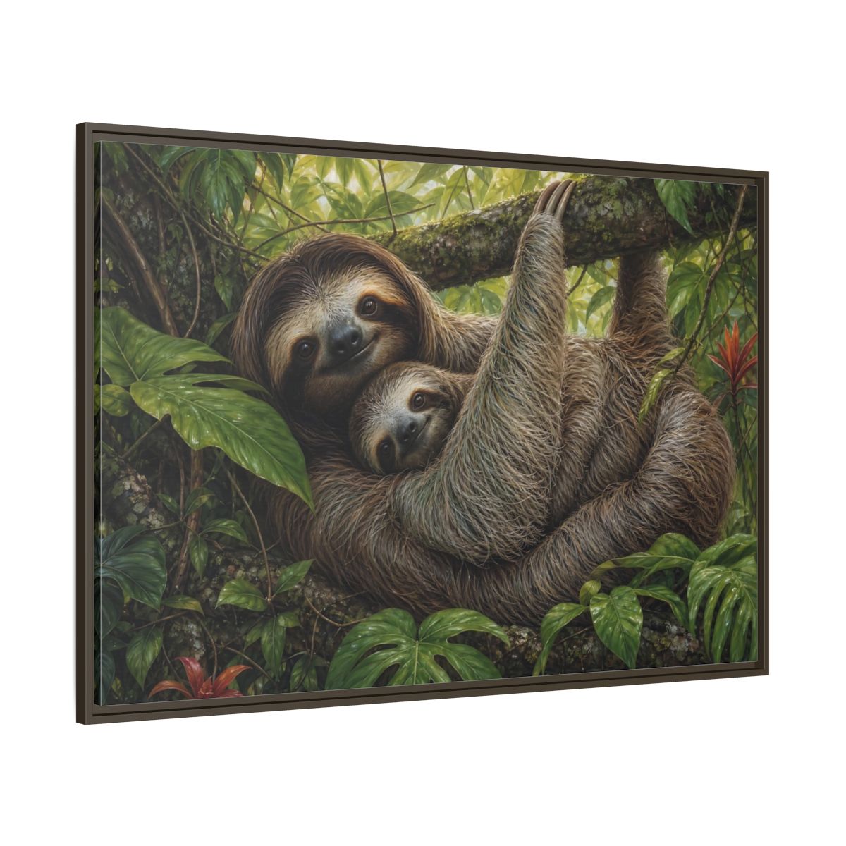 Side Mockup 8. Cozy Sloth Embrace shown as framed canvas print