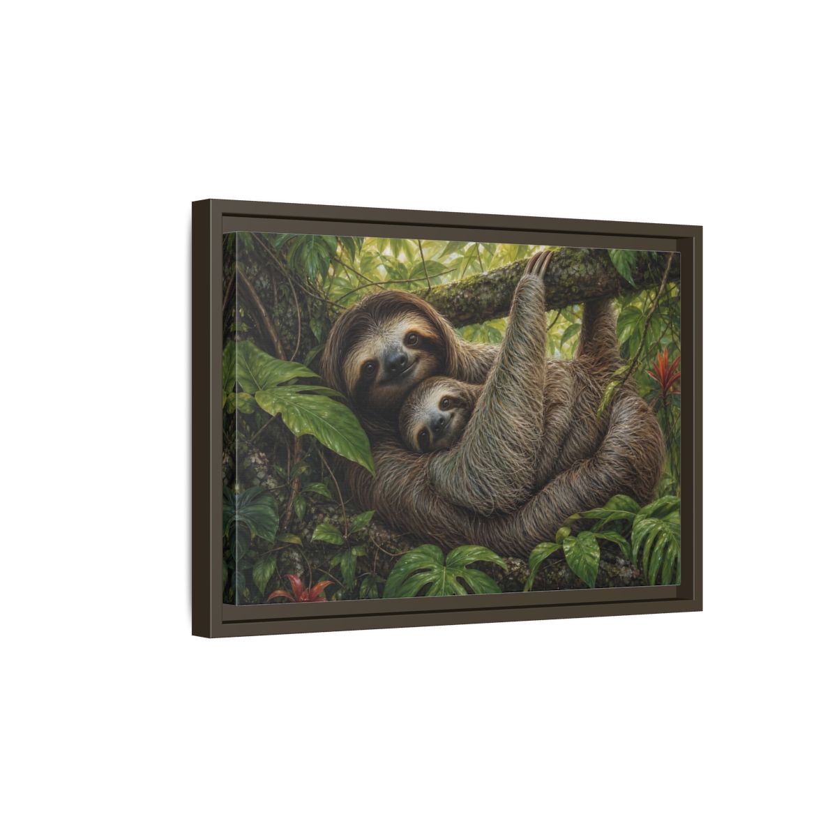 Side Mockup 5. Cozy Sloth Embrace shown as framed canvas print