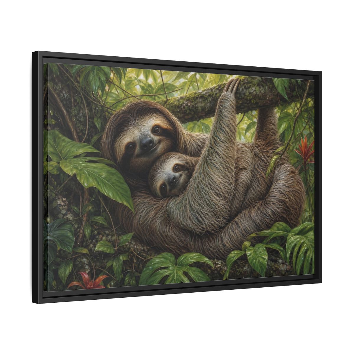 Side Mockup 14. Cozy Sloth Embrace shown as framed canvas print