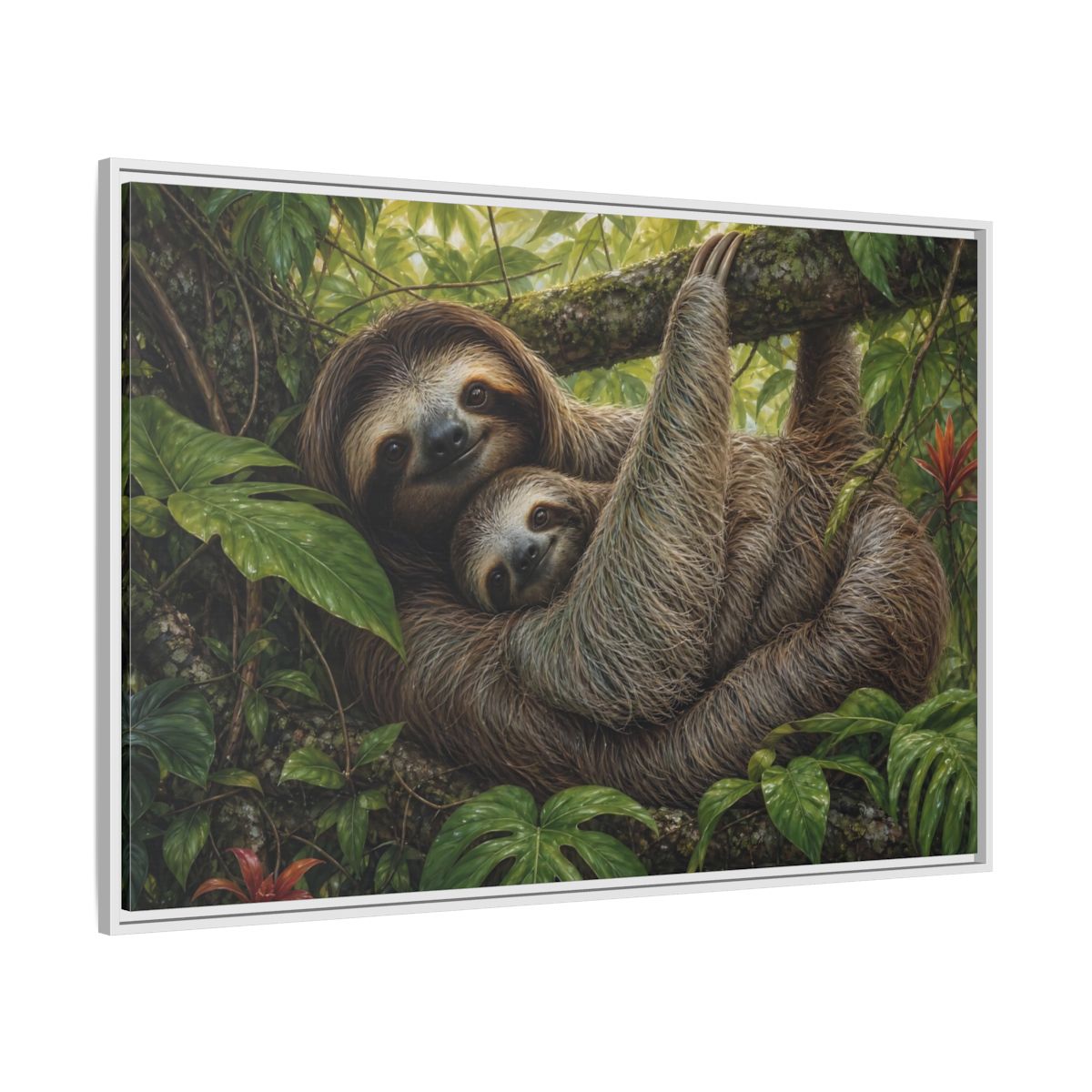 Side Mockup 7. Cozy Sloth Embrace shown as framed canvas print