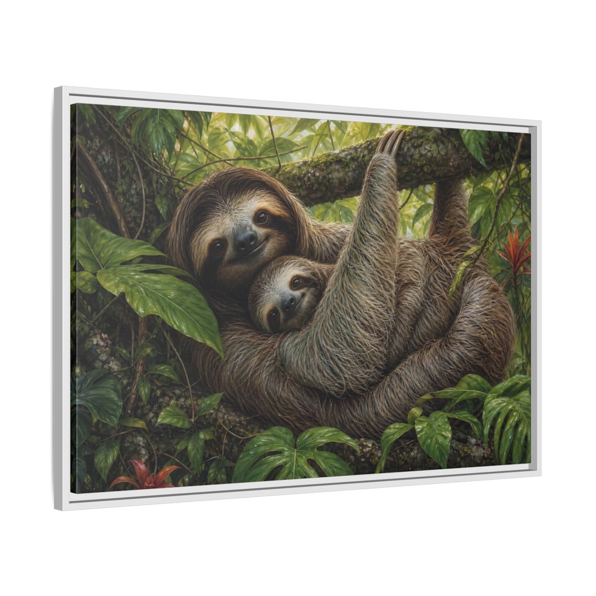 Side Mockup 9. Cozy Sloth Embrace shown as framed canvas print