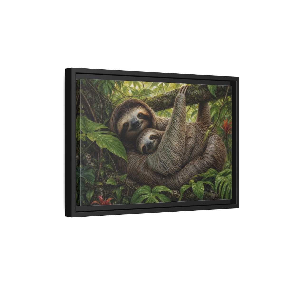 Side Mockup 6. Cozy Sloth Embrace shown as framed canvas print