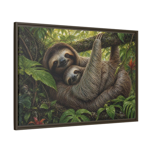 Main Mockup. Cozy Sloth Embrace shown as framed canvas print